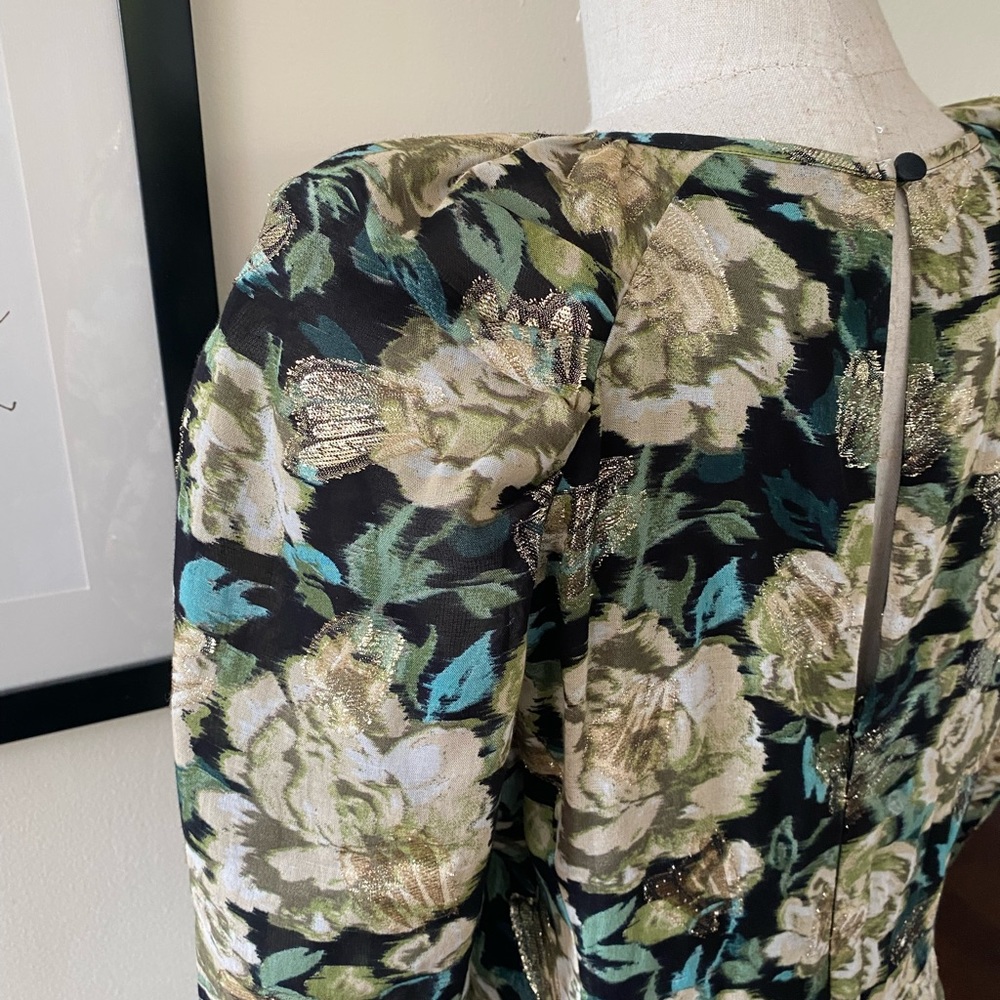 H&M Teal/Blk/Metallic Floral Brocade L/S Mini Dress with Puff Sleeves/Sz 10/EUC! - Picture 6 of 11